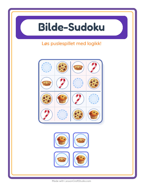 Forhåndsvisning av Bildesudoku-arbeidsark med Desserter og godteri for Barnehage (5-7 år)