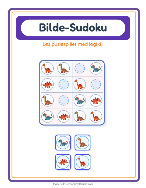 Forhåndsvisning av Bildesudoku-arbeidsark med Dinosaurer for Barnehage (5-7 år)