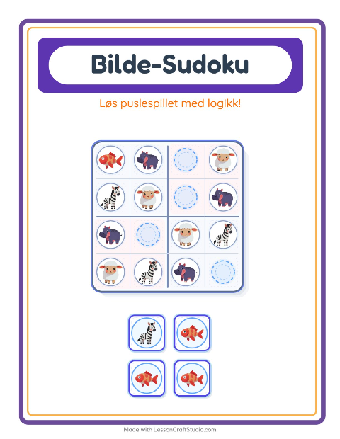Forhåndsvisning av Bildesudoku-arbeidsark med Dyr for Barnehage (5-7 år)