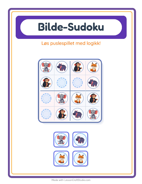Forhåndsvisning av Bildesudoku-arbeidsark med Dyrehagedyr for Barnehage (5-7 år)