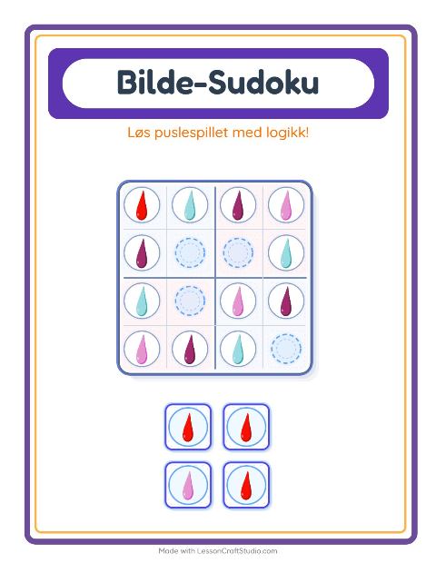 Forhåndsvisning av Bildesudoku-arbeidsark med Farger for Barnehage (5-7 år)