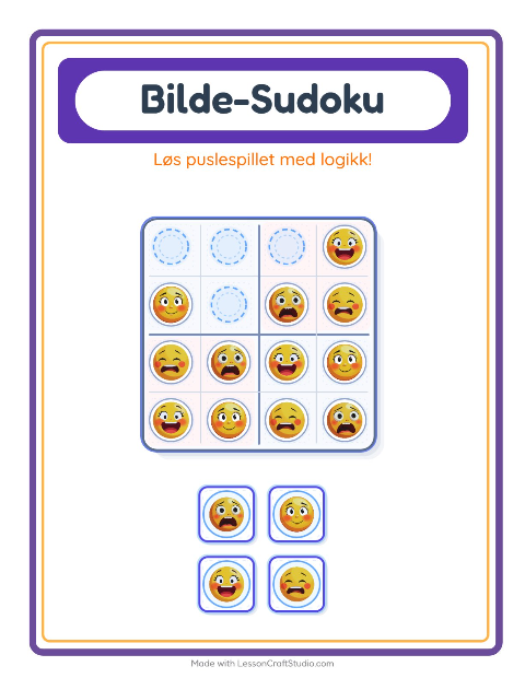 Forhåndsvisning av Bildesudoku-arbeidsark med Følelser for Barnehage (5-7 år)