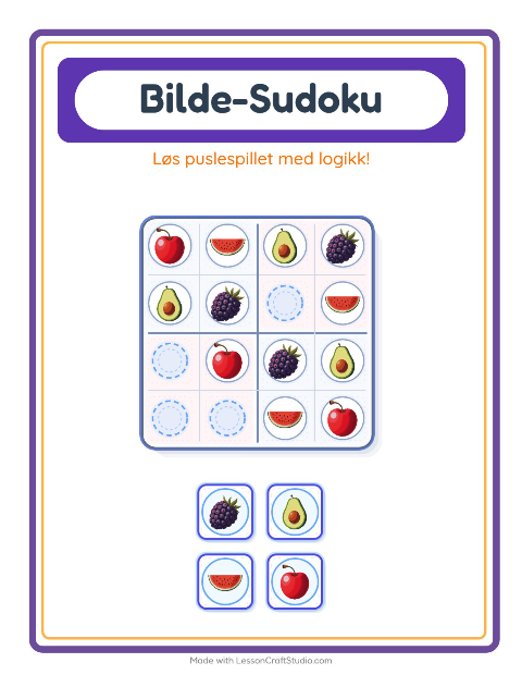 Forhåndsvisning av Bildesudoku-arbeidsark med Frukter for Barnehage (5-7 år)