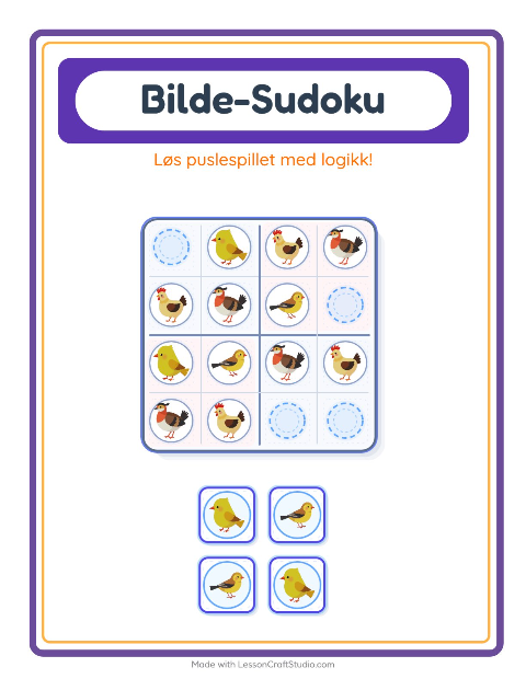Forhåndsvisning av Bildesudoku-arbeidsark med Fugler 2 for Barnehage (5-7 år)