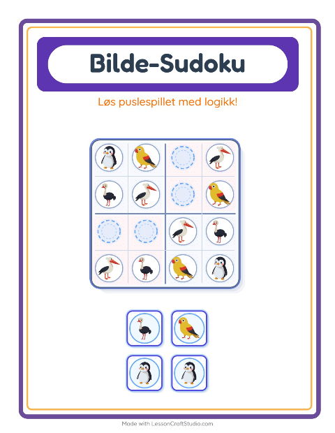 Forhåndsvisning av Bildesudoku-arbeidsark med Fugler for Barnehage (5-7 år)