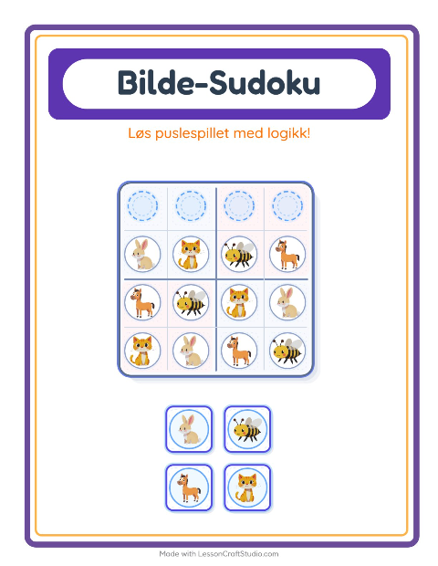 Forhåndsvisning av Bildesudoku-arbeidsark med Gårdsdyr for Barnehage (5-7 år)