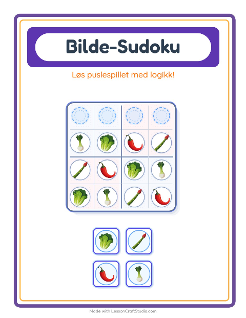 Forhåndsvisning av Bildesudoku-arbeidsark med Grønnsaker for Barnehage (5-7 år)