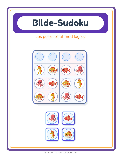 Forhåndsvisning av Bildesudoku-arbeidsark med Havliv for Barnehage (5-7 år)