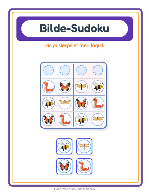 Forhåndsvisning av Bildesudoku-arbeidsark med Insekter og kryp for Barnehage (5-7 år)