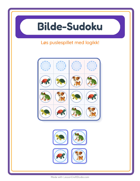 Forhåndsvisning av Bildesudoku-arbeidsark med Kjæledyr for Barnehage (5-7 år)
