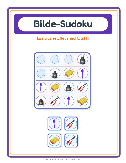 Forhåndsvisning av Bildesudoku-arbeidsark med Kjøkkenredskaper for Barnehage (5-7 år)