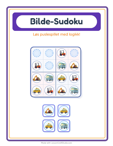 Forhåndsvisning av Bildesudoku-arbeidsark med Kjøretøy for Barnehage (5-7 år)