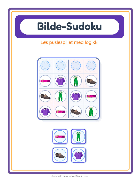 Forhåndsvisning av Bildesudoku-arbeidsark med Klær for Barnehage (5-7 år)