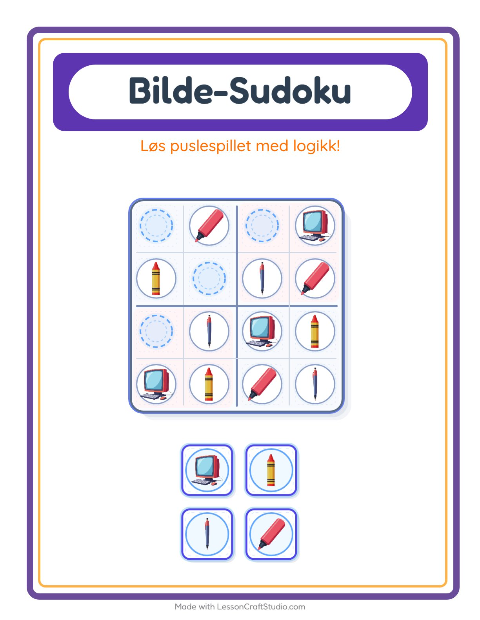 Forhåndsvisning av Bildesudoku-arbeidsark med Klasserom for Barnehage (5-7 år)