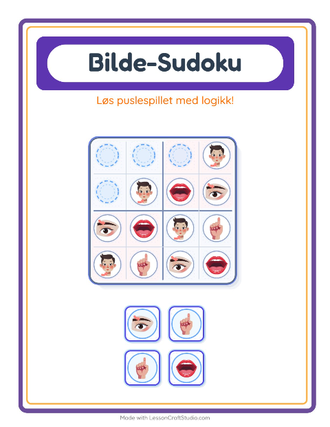 Forhåndsvisning av Bildesudoku-arbeidsark med Kroppsdeler for Barnehage (5-7 år)