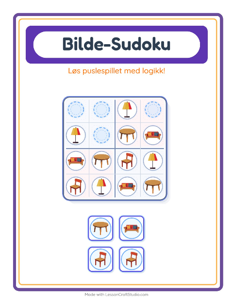 Forhåndsvisning av Bildesudoku-arbeidsark med Møbler for Barnehage (5-7 år)
