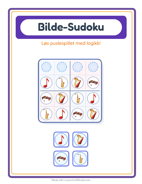 Forhåndsvisning av Bildesudoku-arbeidsark med Musikk for Barnehage (5-7 år)