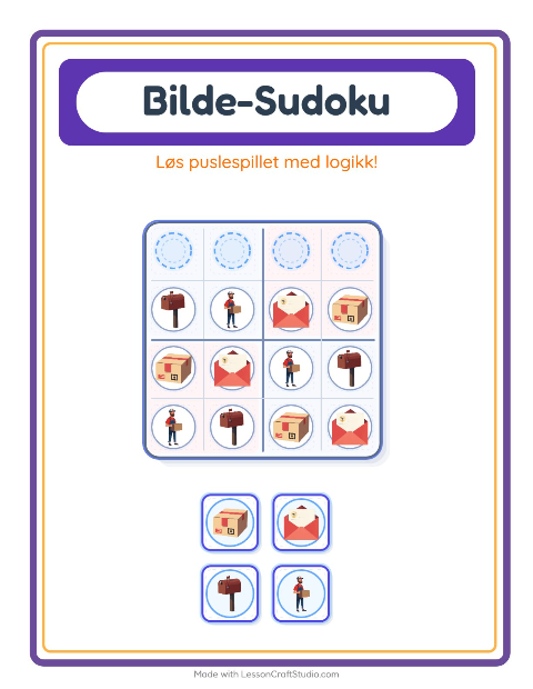Forhåndsvisning av Bildesudoku-arbeidsark med Postkontor for Barnehage (5-7 år)