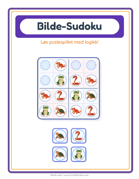 Forhåndsvisning av Bildesudoku-arbeidsark med Reptiler og amfibier for Barnehage (5-7 år)