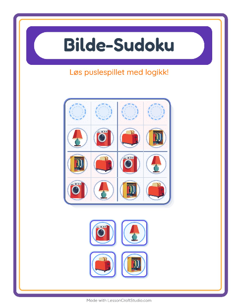 Forhåndsvisning av Bildesudoku-arbeidsark med Rundt i huset for Barnehage (5-7 år)