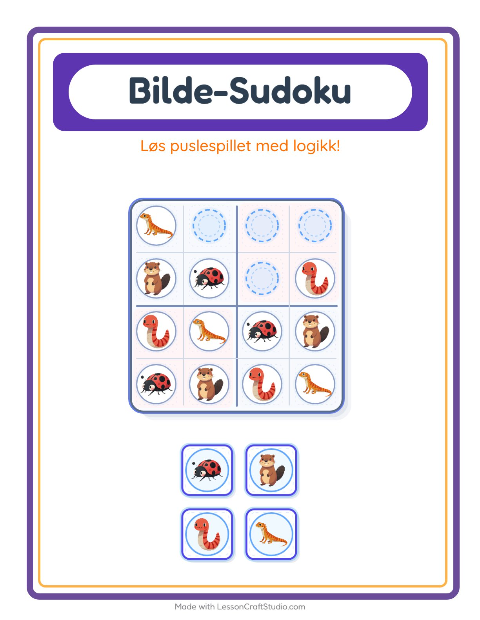 Forhåndsvisning av Bildesudoku-arbeidsark med Skogsdyr for Barnehage (5-7 år)