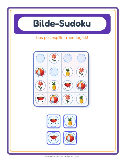 Forhåndsvisning av Bildesudoku-arbeidsark med Sommer for Barnehage (5-7 år)