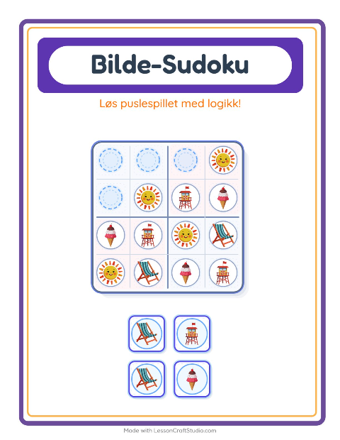 Forhåndsvisning av Bildesudoku-arbeidsark med Strand for Barnehage (5-7 år)