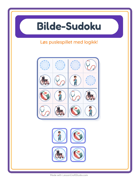 Forhåndsvisning av Bildesudoku-arbeidsark med Sykehus for Barnehage (5-7 år)