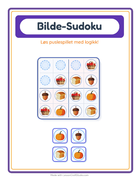 Forhåndsvisning av Bildesudoku-arbeidsark med Thanksgiving for Barnehage (5-7 år)