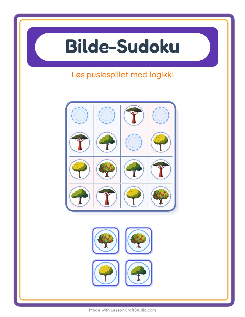 Forhåndsvisning av Bildesudoku-arbeidsark med Trær for Barnehage (5-7 år)