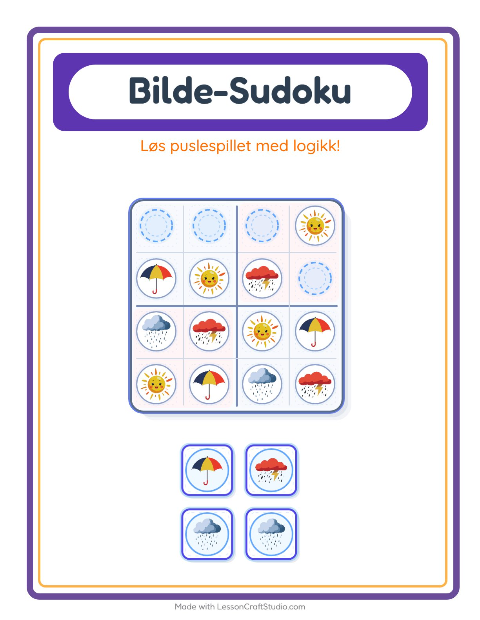 Forhåndsvisning av Bildesudoku-arbeidsark med Vær for Barnehage (5-7 år)