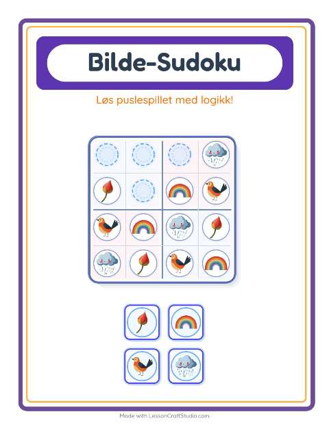 Forhåndsvisning av Bildesudoku-arbeidsark med Vår for Barnehage (5-7 år)