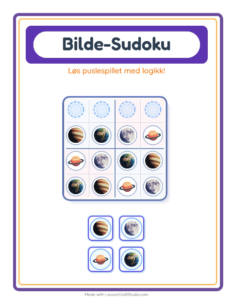 Forhåndsvisning av Bildesudoku-arbeidsark med Verdensrommet for Barnehage (5-7 år)