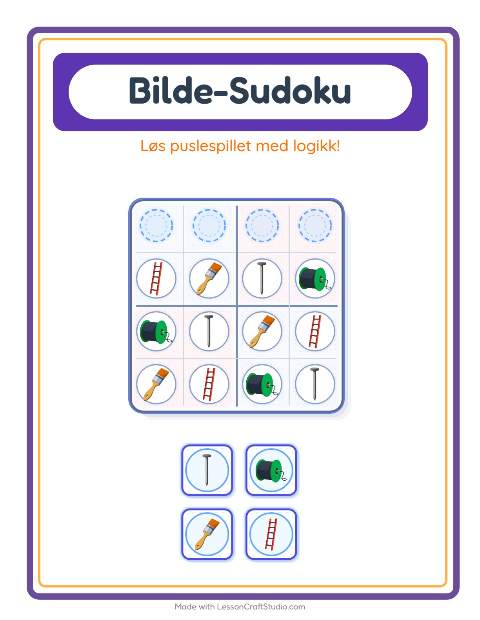Forhåndsvisning av Bildesudoku-arbeidsark med Verktøy for Barnehage (5-7 år)