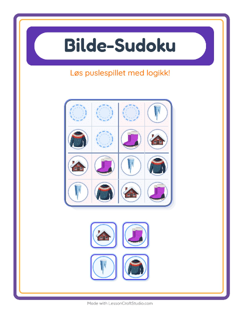 Forhåndsvisning av Bildesudoku-arbeidsark med Vinter for Barnehage (5-7 år)