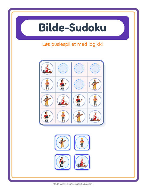 Forhåndsvisning av Bildesudoku-arbeidsark med Yrker for Barnehage (5-7 år)
