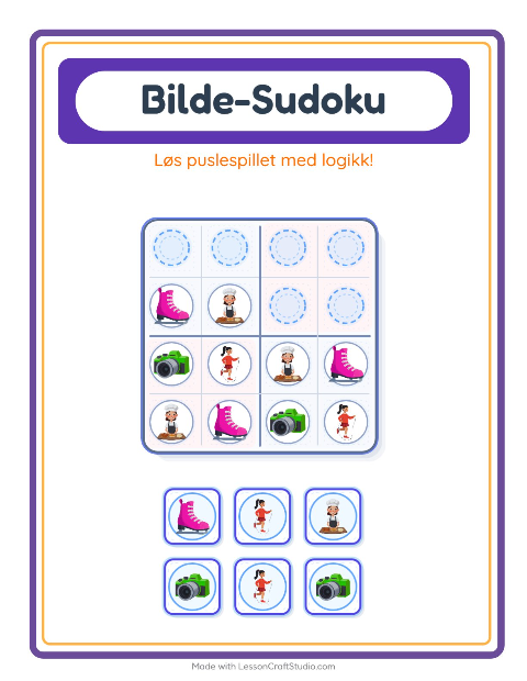 Forhåndsvisning av Bildesudoku-arbeidsark med Aktiviteter for Barnehage (5-7 år)