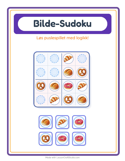 Forhåndsvisning av Bildesudoku-arbeidsark med Bakeri for Barnehage (5-7 år)