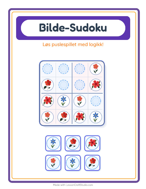 Forhåndsvisning av Bildesudoku-arbeidsark med Blomster for Barnehage (5-7 år)