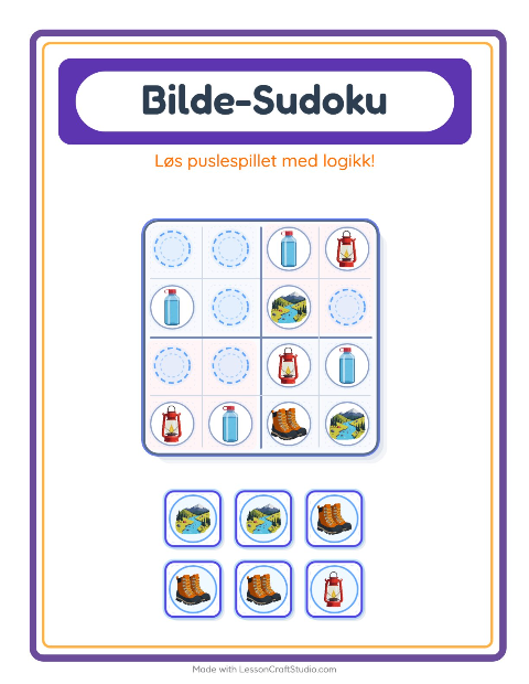 Forhåndsvisning av Bildesudoku-arbeidsark med Camping for Barnehage (5-7 år)