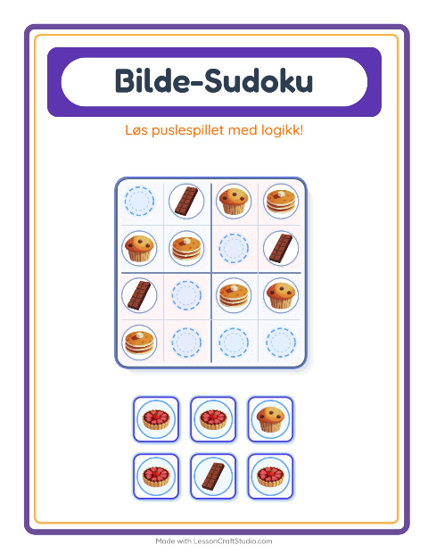 Forhåndsvisning av Bildesudoku-arbeidsark med Desserter og godteri for Barnehage (5-7 år)