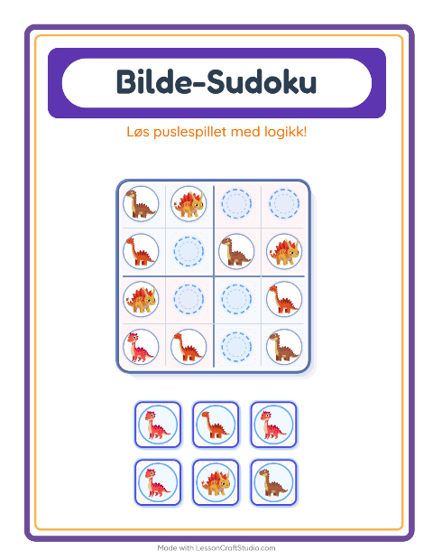 Forhåndsvisning av Bildesudoku-arbeidsark med Dinosaurer for Barnehage (5-7 år)