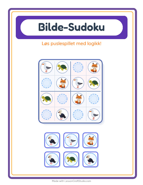 Forhåndsvisning av Bildesudoku-arbeidsark med Dyr for Barnehage (5-7 år)