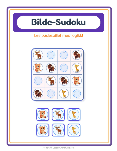 Forhåndsvisning av Bildesudoku-arbeidsark med Dyrehagedyr for Barnehage (5-7 år)