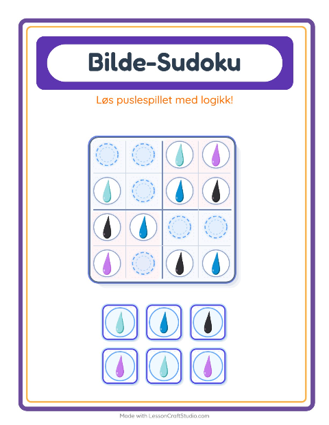 Forhåndsvisning av Bildesudoku-arbeidsark med Farger for Barnehage (5-7 år)