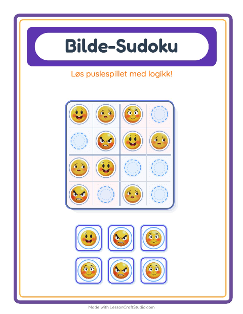 Forhåndsvisning av Bildesudoku-arbeidsark med Følelser for Barnehage (5-7 år)