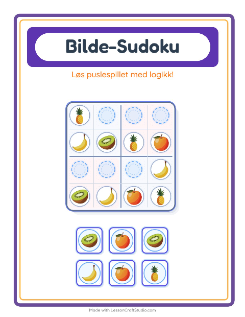 Forhåndsvisning av Bildesudoku-arbeidsark med Frukter for Barnehage (5-7 år)