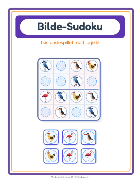 Forhåndsvisning av Bildesudoku-arbeidsark med Fugler 2 for Barnehage (5-7 år)