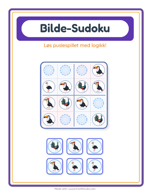 Forhåndsvisning av Bildesudoku-arbeidsark med Fugler for Barnehage (5-7 år)