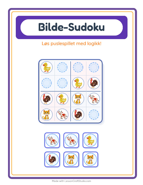 Forhåndsvisning av Bildesudoku-arbeidsark med Gårdsdyr for Barnehage (5-7 år)